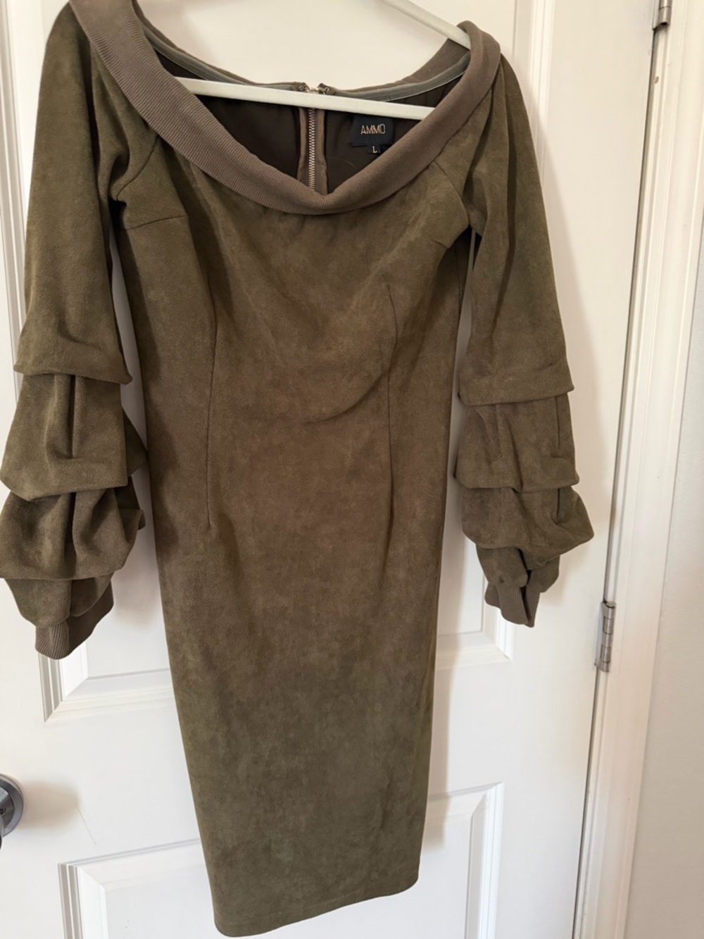 Olive Green Off-Shoulder Ruffle Sleeve Dress L